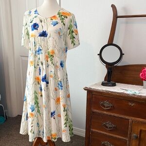 Elegant Floral Midi Dress with Blue and yellow Accents